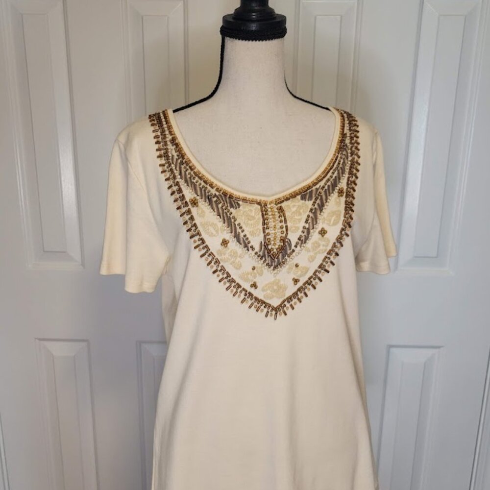 Dana Buchman LIFE Beaded Embellished Boho Top Cream Size L
